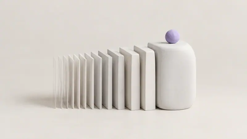 A row of thin white paper sheets grows thicker from left to right until it becomes one solid rounded block with a small lavender sphere on top.