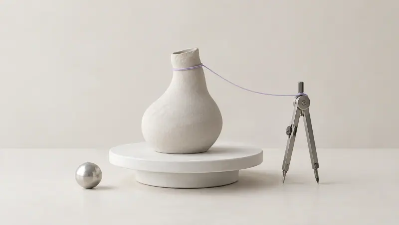 An unfinished clay vase on a white turntable, tied by a fine lavender thread to a drafting compass, with a small polished metal sphere nearby.