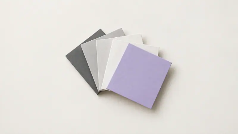 Blank square tiles in graphite, greys and white fanned out like index cards, the front tile lavender.