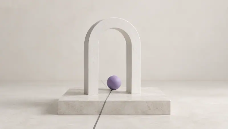 A white plaster arch stands open on a stone plinth while a lavender sphere rolls freely through it along a thin graphite line.