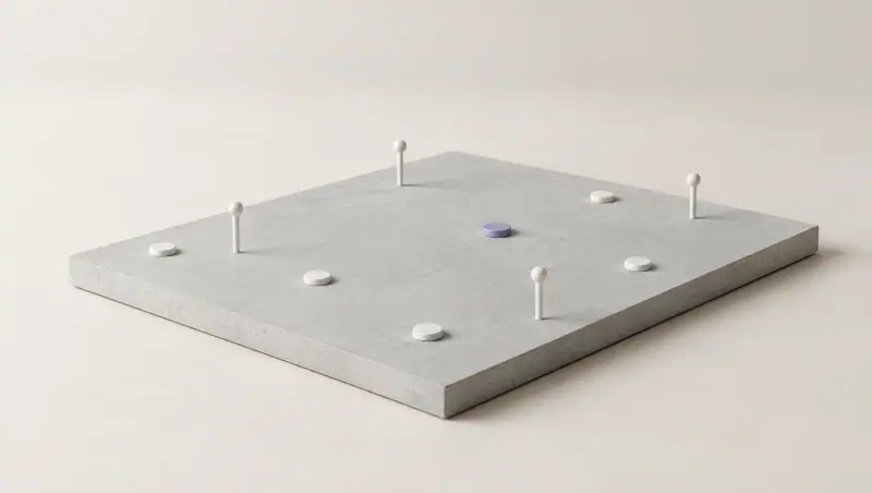 A pale grey slab seen at a low angle, dotted with small white pins and markers like notes on a surface, one marker in lavender.