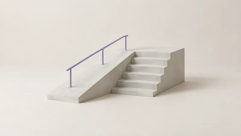 A white architectural model where a gentle ramp with a lavender handrail rises beside a short flight of steps to the same platform.