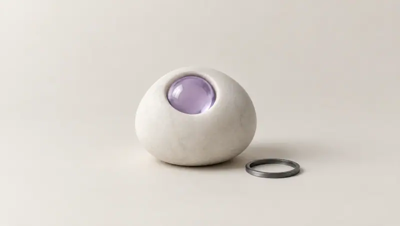 A smooth white stone with a round recess that holds a lavender glass sphere exactly, next to a slim graphite ring.