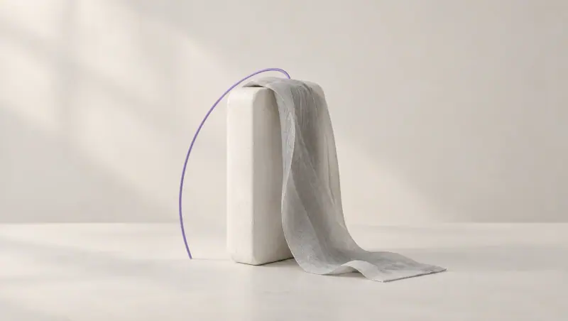 A sheer grey cloth drapes over the top of an upright white slab and spills onto the table, while a thin lavender wire curves back toward it.