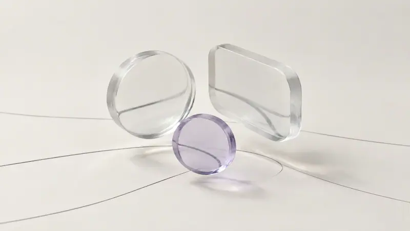 Three thick glass discs, one tinted lavender, stand on a white surface and bend the thin graphite lines drawn beneath them.